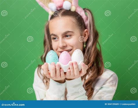 Happy Easter Funny Cute Girl With Easter Bunny Ears And Colorful