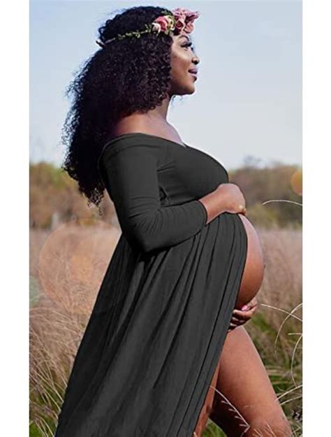 Buy Mommy And Jennie Maternity Dress Off Shoulder Long Sleeve Split Front