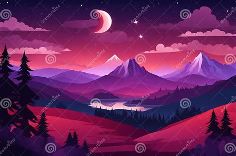 Colorful Night Landscape With Silhouettes Of Mountains And Forests