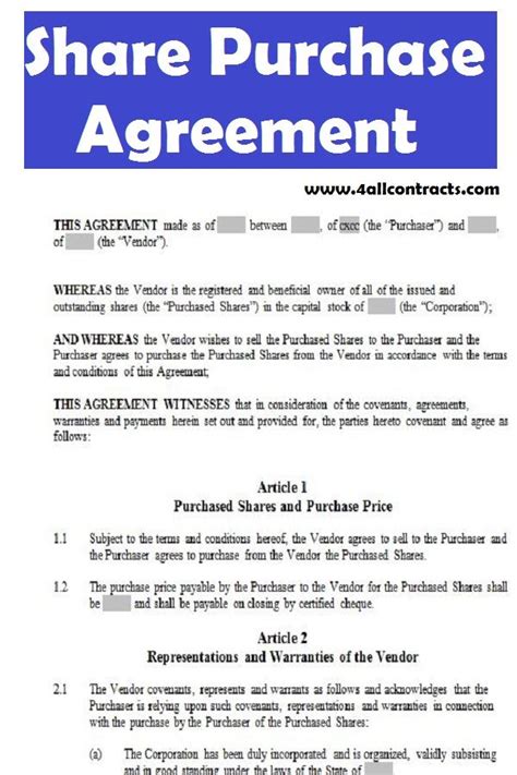 Share Purchase Agreement Pdf Short Form Purchase Agreement