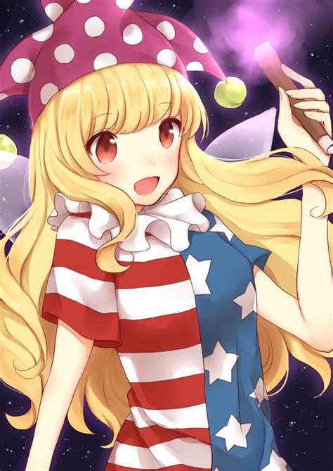 safebooru 1girl american flag dress bangs blonde hair breasts clownpiece dress eyebrows