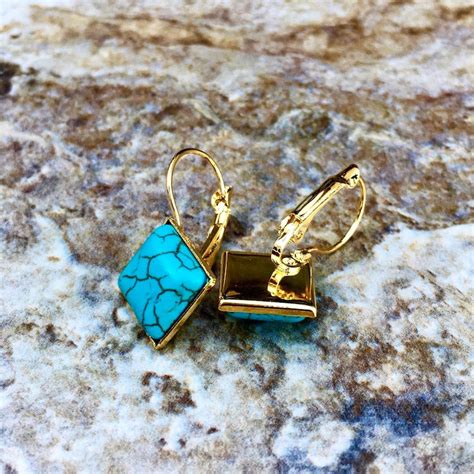 Natural Turquoise Gemstone Earrings Lever Back Earrings Gold Etsy