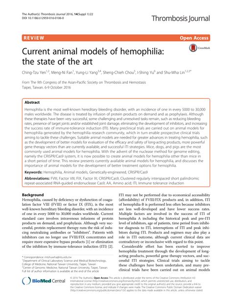 Pdf Current Animal Models Of Hemophilia The State Of The Art