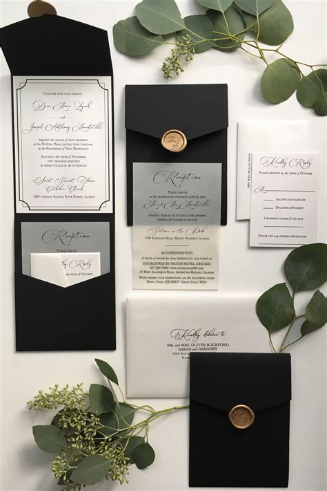 Black Pocket Fold Wedding Invitation With Gold Wax Seal Wedding