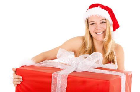 Beautiful Nude Christmas Woman In Santa Hat With Gift Box Stock Photo Kurganov