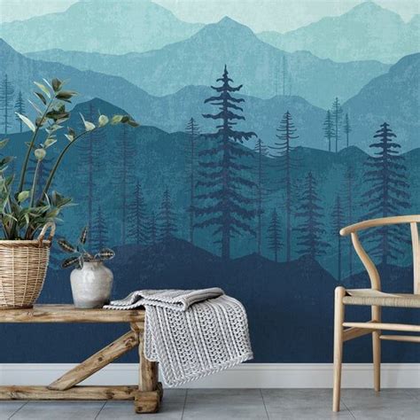 Mountain Wallpaper Woodland Wallpaper Forest Blue Ombré Etsy