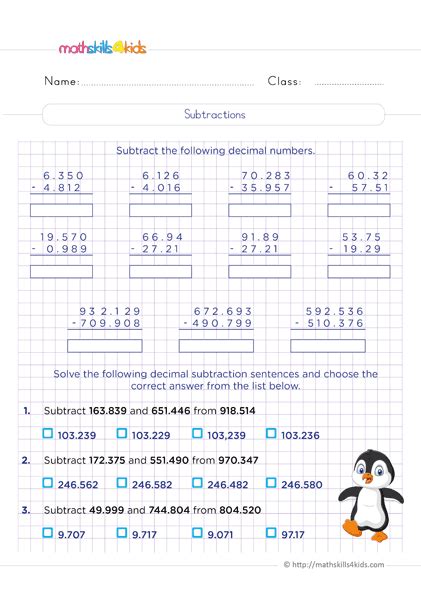 Adding and Subtracting Decimals Worksheets PDF for 6th Grade - Math