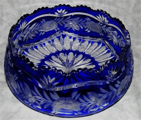 Vintage Czech Bohemian Crystal Art Glass Cobalt Blue Cut To Clear Bowl