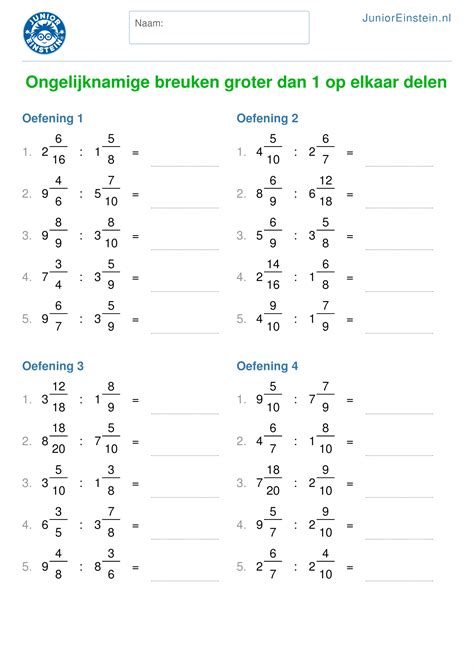 Klassikaal of in een groepje 3 + 4 = 7 x 7 = 49 + 1 = 50 : Werkblad: Ongelijknamige breuken groter dan 1 op elkaar ...