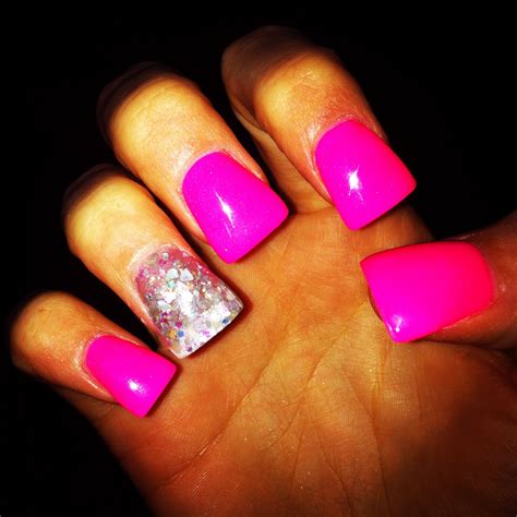Hot Pink Powder Nails With Silver Glitter Accent Nail Pink Powder