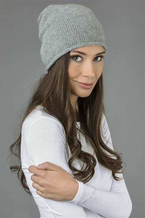 Pure Cashmere Plain Knitted Slouchy Beanie Hat In Light Grey Italy In