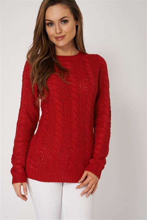 Cable Knit Loose Red Sweater With Images Red Sweaters Sweaters