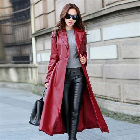 Womens Leather Trench Coat Genuine Soft Lambskin Winter Long Overcoat