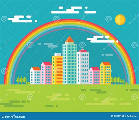 Building And Rainbow In City Vector Concept Illustration In Flat