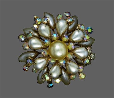 Faux Pearl Cluster Aurora Boreais Crystals Brooch 1960s