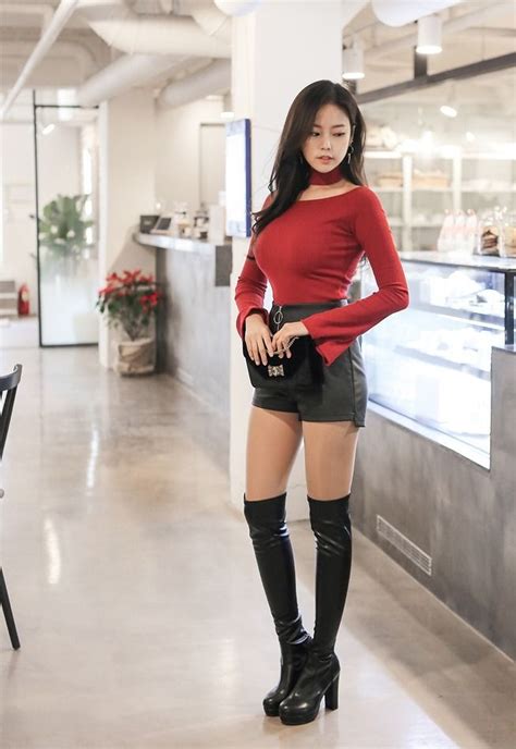 Latex Pants Otk Fashion Boots Lady In Red Asian Beauty Over Knee