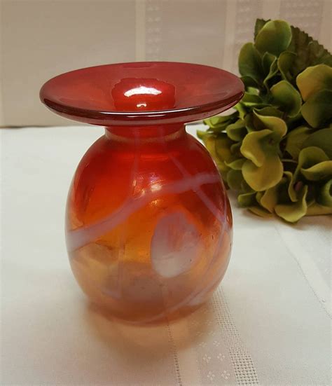 Red Hand Blown Glass Vase Iridescent Gold Tone White Swirl Etsy Hand Blown Glass Glass