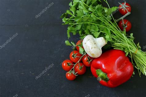 Still Life Of Fresh Vegetables Tomatoes Mushrooms Peppers Cucumbers