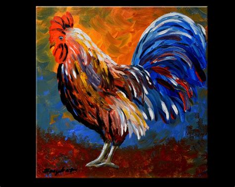 Original Oil Painting Rooster Palette Knife Painting On Gallery Canvas