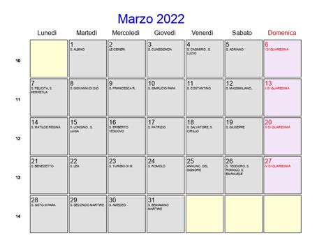 Calendario Marzo 2022 Con Festività E Fasi Lunari Quaresima
