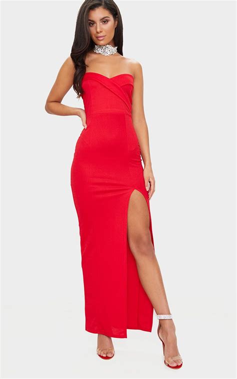 Red Extreme Split Strappy Back Maxi Dress Dresses Prettylittlething