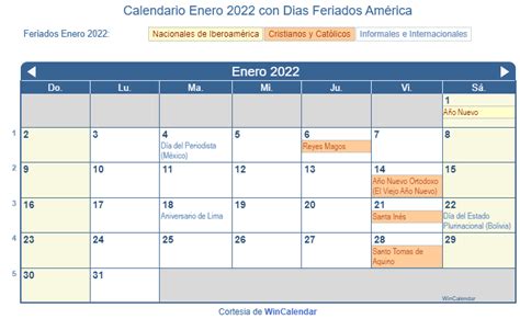 Calendario Enero 2022 Para Imprimir América
