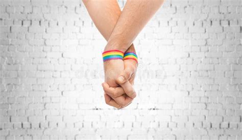 Hands Of Couple With Gay Pride Rainbow Wristbands Stock Image Image Of Alternative Middleage