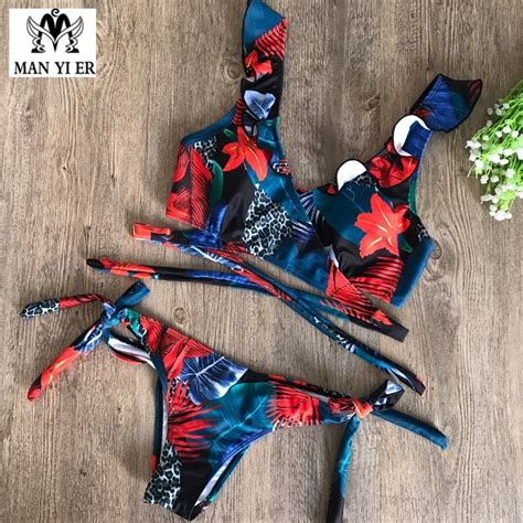 Buy Summer 2018 New Sexy Red Blue Print Bandages Bikini Set Women Low Waist