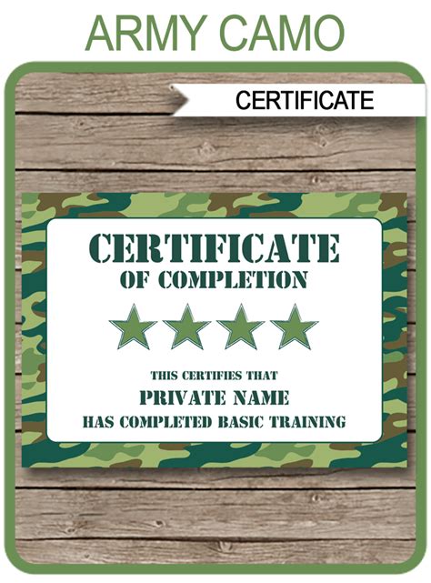 Army Certificate Template Printable Army Birthday Party Favors Boot