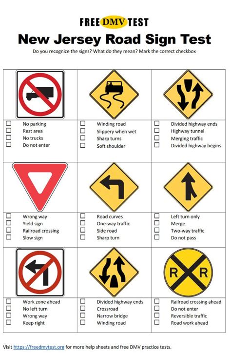 Study Sheet And More For Your New Jersey Road Signs Permit Test