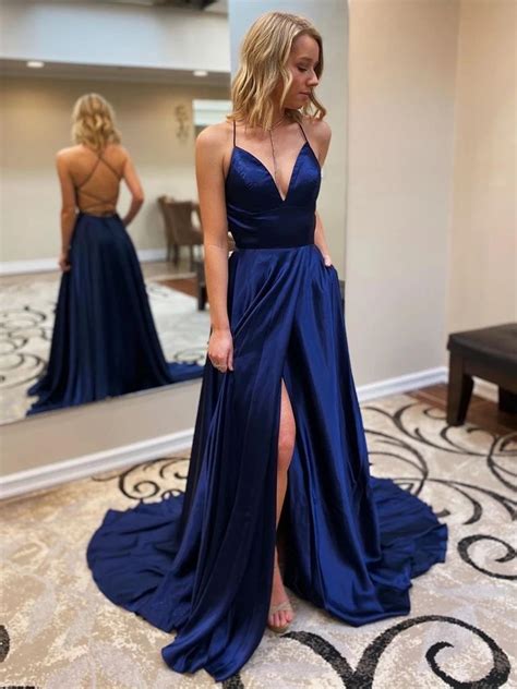 A Line V Neck Navy Blue Backless Long Prom Dresses Open Back Dark Blue
