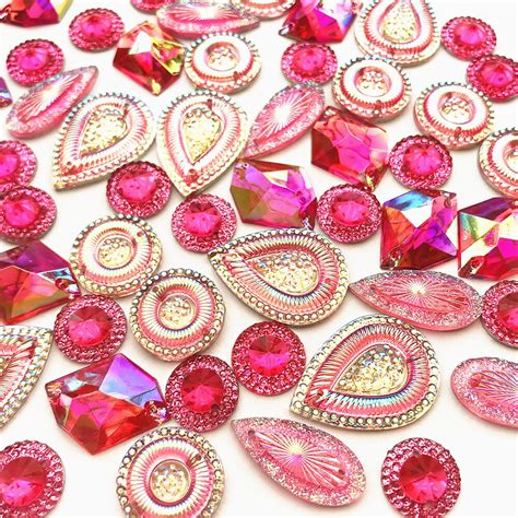 Mixed Shape Resin Pink Red Fuchsia Ab Sew On Flat Back Crystals