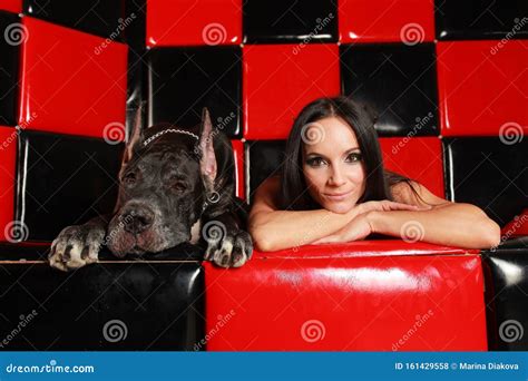 Beautiful Young Woman Posing With Her Great Dane Dog In The Studio In