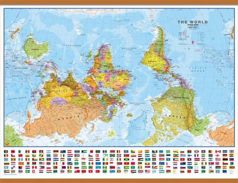 Large Upside Down Political World Wall Map With Flags Wooden Hanging