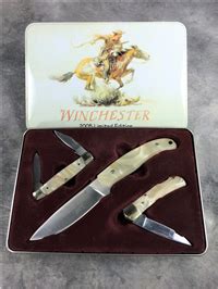 Good/like new (item appear good/like new in open box/includes 3 knife slots & 3 knives/other pieces may be missing). 2005 WINCHESTER Limited Edition Mother of Pearl 3-Knife Set Current Market Value.