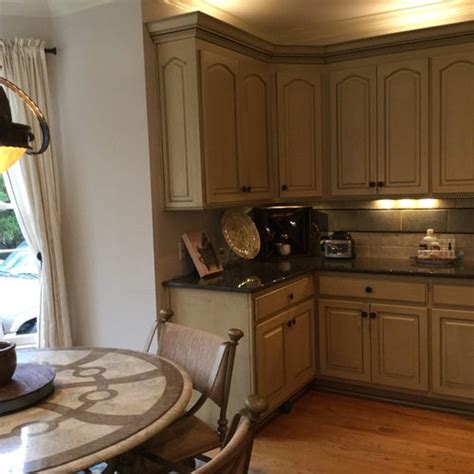 The stain was so red and it didn't blend at all with anything else in the kitchen. Edgecomb grey walls what color for cabinets