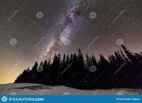 Winter Mountains Night Landscape Panorama Milky Way Bright