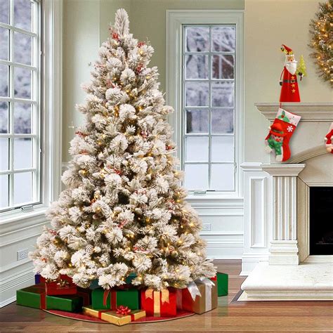 Jude 75ft Snowy Pine Christmas Tree With Clear Lights Red