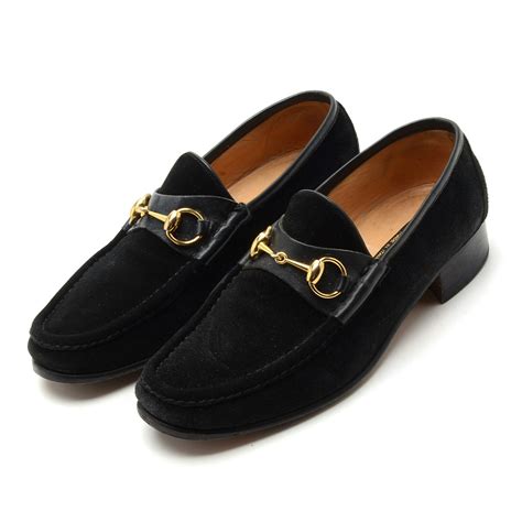 Mens Vintage Gucci Black Suede Loafers With Gold Tone Horse Bit
