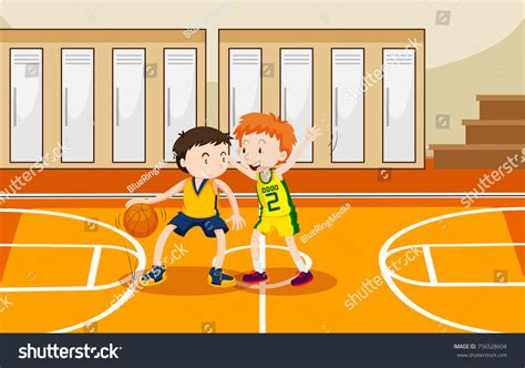 Two Boys Playing Basketball Gym Illustration Stock Vector Royalty Free