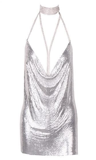 Indie Xo Silver Chain Gang Metal Chainmail Plunge V Neck Backless Halt