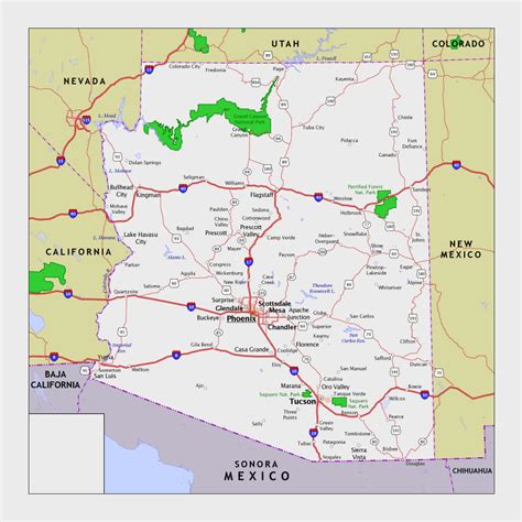 Laminated Map Map Of Arizona State With Roads National Parks And