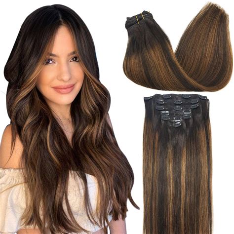 MEEZAA Remy Hair Extensions Clip In Human Hair Ombre Dark Brown To