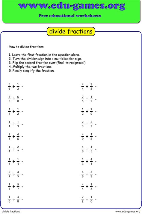 dividing fraction worksheet printable  worksheets