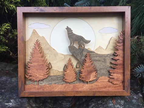 3d Laser Cut Shadow Box Wood Scene Inlaid Howling Wolf In Etsy