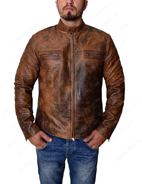 Mens Distressed Brown Leather Biker Jacket Hjackets