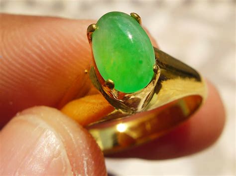 Myanmar Jadeite Jade Type A Apple Green Cabochon Silver Ring Gold