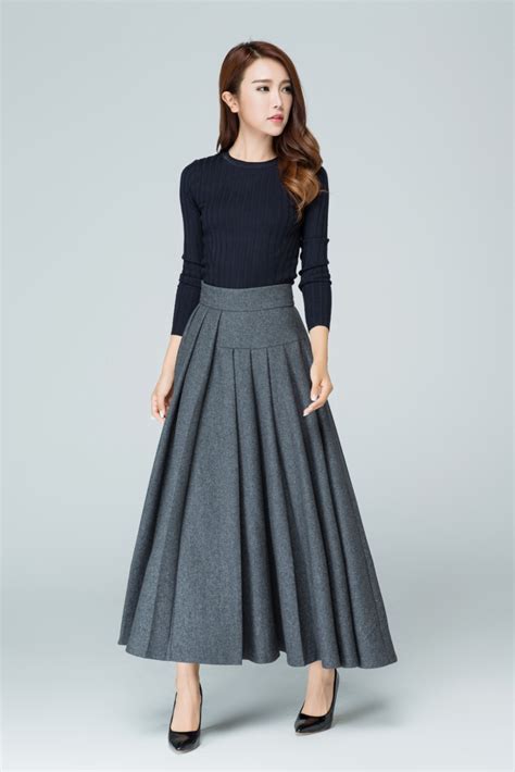Maxi Wool Skirt Maxi Skirt Gray Skirt Wool Skirt Pleated Skirt