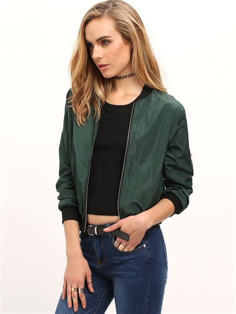 Picture of yellow jacket ». Green Stand Collar Zipper Crop Jacket -ROMWE