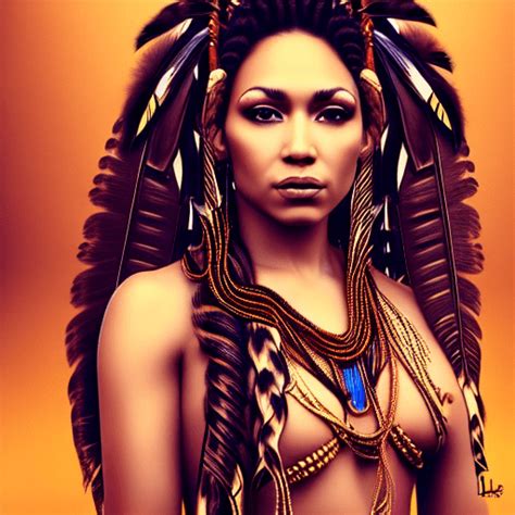 Light Skinned Native American Warrior Woman With Vibrant Feathers · Creative Fabrica